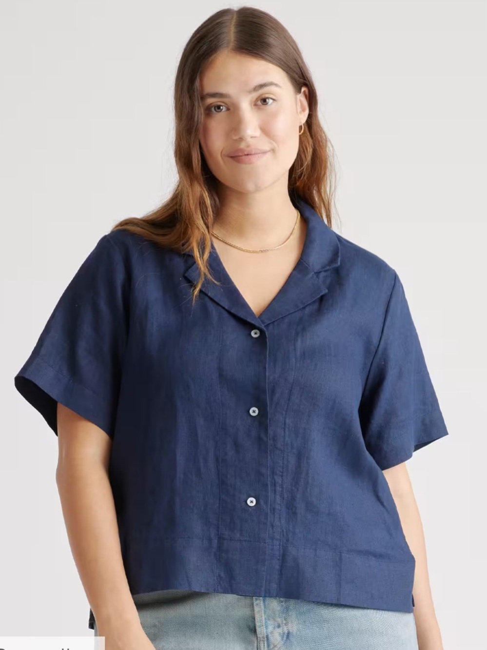 Quince Linen Short-Sleeve Navy Button Down Top
